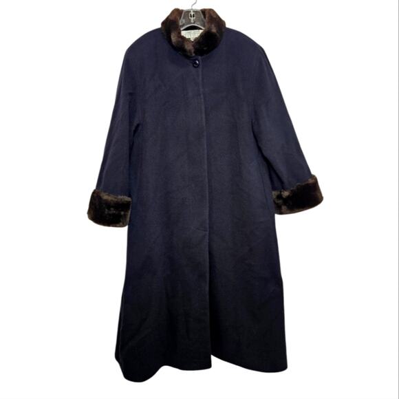 Larry Levine Designs Long Wool Blend Faux Fur Collared Hidden Button Coat Sz 12 - Picture 1 of 10